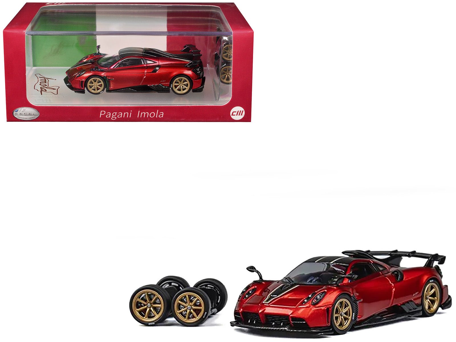 Pagani Imola Red Metallic with Carbon Top and Stripes with Extra Wheels 1/64 Diecast Model Car by CM Model free shipping USA - Rapid Vehicles
