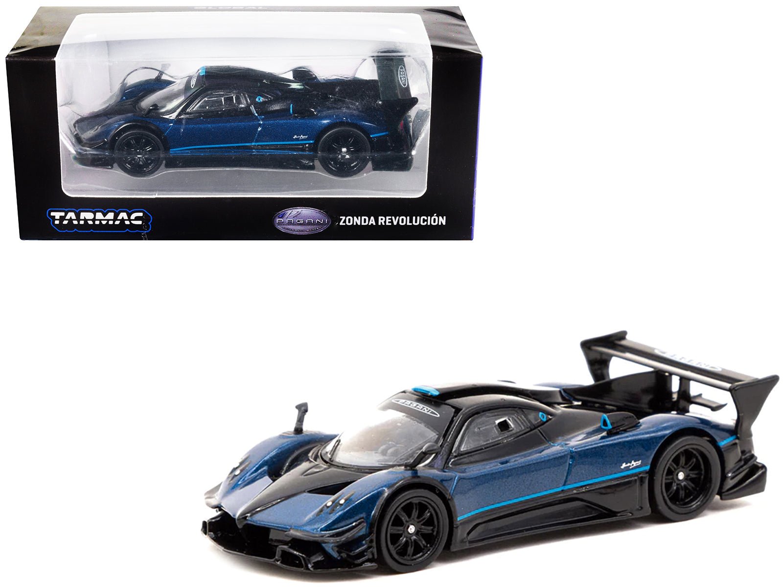Pagani Zonda Revolucion Blue Metallic and Black with Light Blue Stripes "Global64" Series 1/64 Diecast Model Car by Tarmac Works free shipping USA - Rapid Vehicles