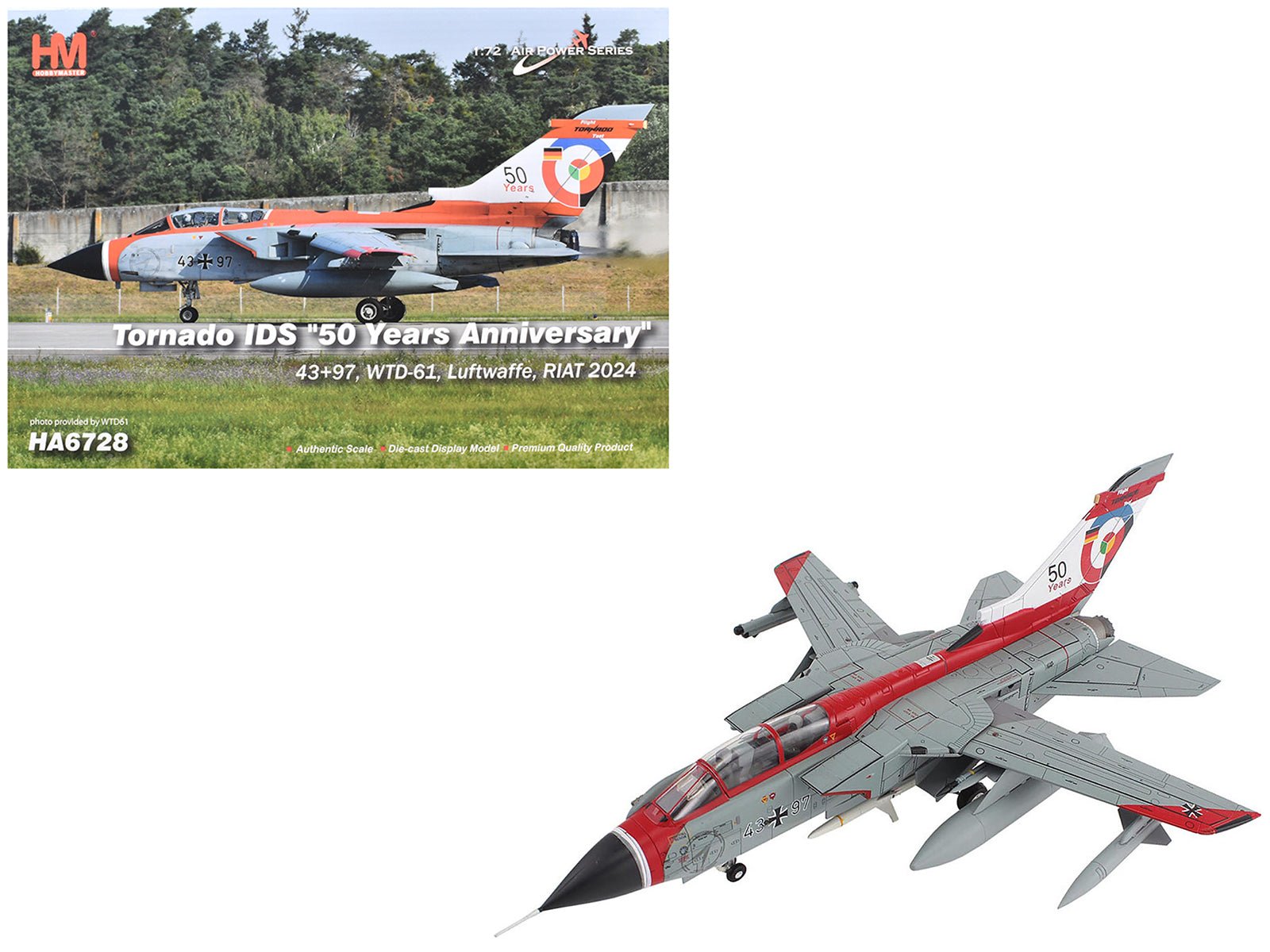 Panavia Tornado IDS Aircraft "43+97 WTD - 61 50 Years Royal International Air Tattoo" (2024) German Luftwaffe "Air Power Series" 1/72 Diecast Model by Hobby Master free shipping USA - Rapid Vehicles