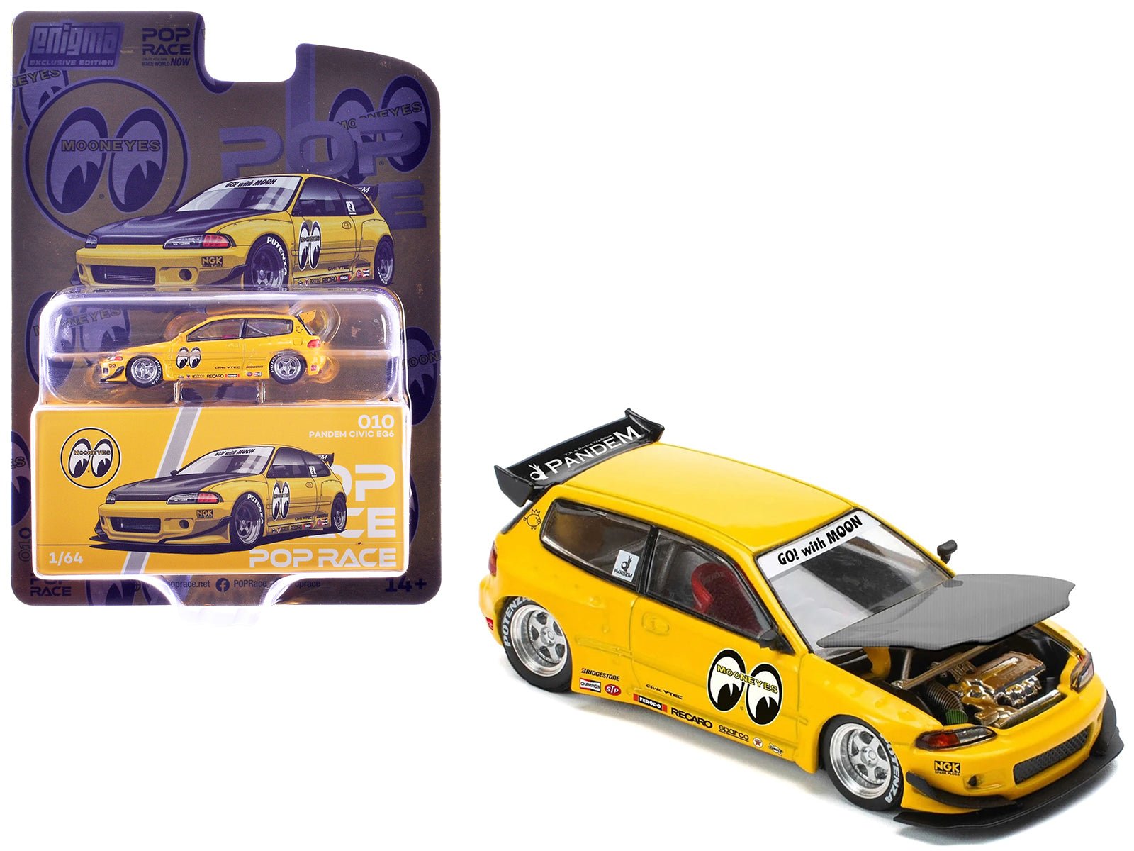 Pandem Civic EG6 RHD (Right Hand Drive) "Mooneyes" Yellow with Carbon Hood "Enigma Exclusive Edition" 1/64 Diecast Model Car by Pop Race free shipping USA - Rapid Vehicles