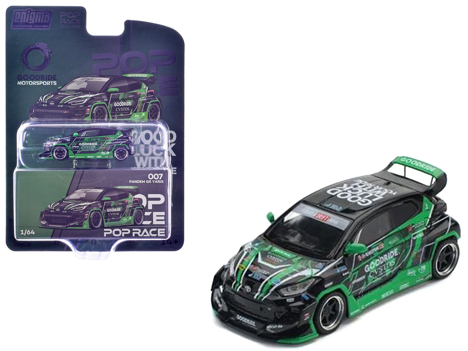 Pandem GR Yaris RHD (Right Hand Drive) "Goodride Motorsports" Green and Black with Graphics "Enigma Exclusive Edition" 1/64 Diecast Model Car by Pop Race free shipping USA - Rapid Vehicles