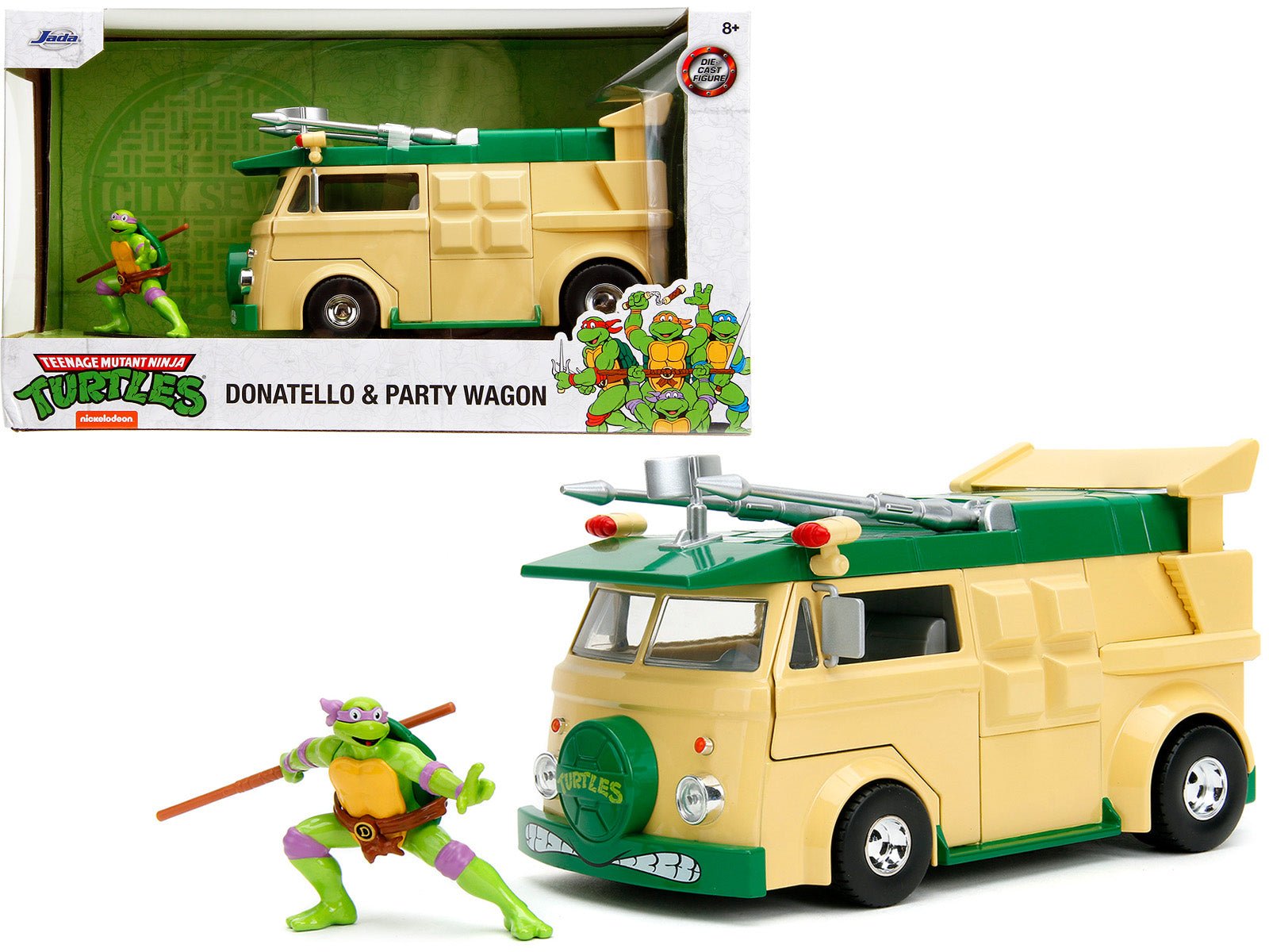 Party Wagon Green and Beige and Donatello Diecast Figure "Teenage Mutant Ninja Turtles" "Hollywood Rides" Series Diecast Model by Jada free shipping USA - Rapid Vehicles