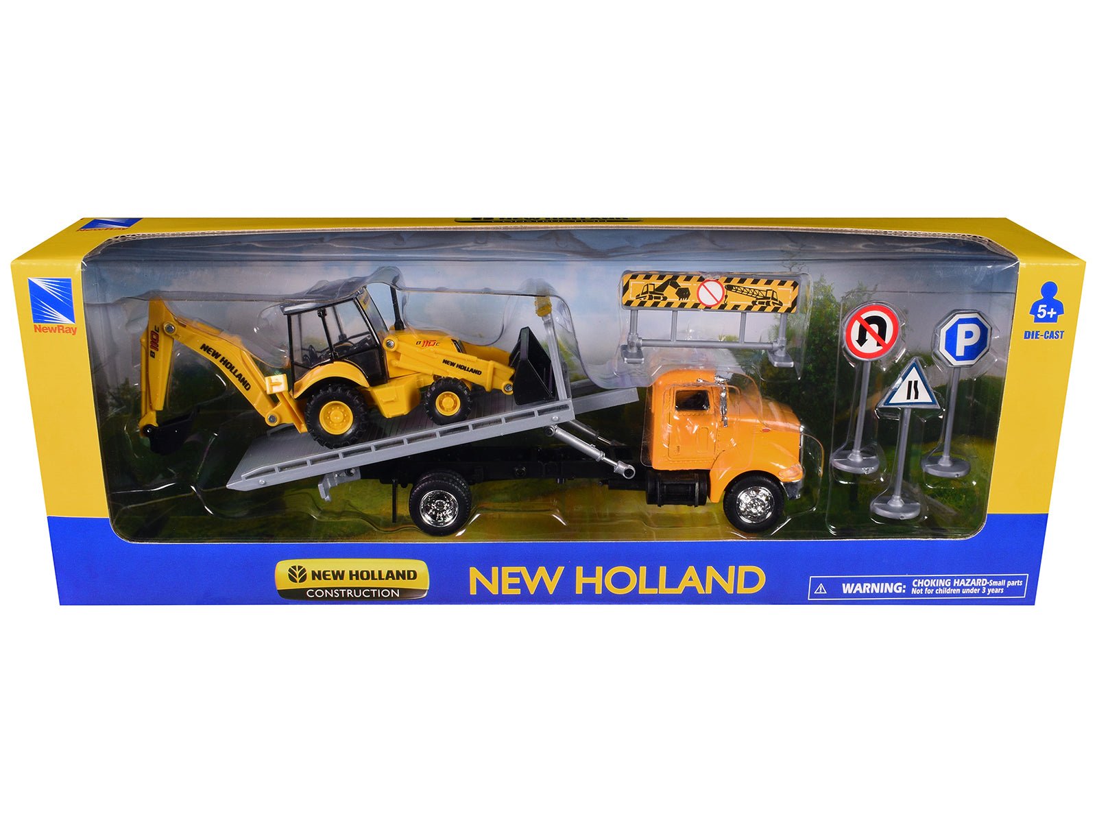 Peterbilt 335 Roll - Off Flatbed Truck and New Holland B110C Backhoe Loader with Street Signs "New Holland Construction" Diecast Models by New Ray free shipping USA - Rapid Vehicles