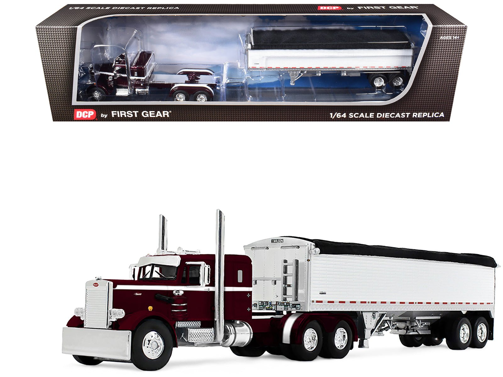 Peterbilt 351 with 36" Sleeper and 34' Wilson Pacesetter Grain Trailer Dark Cherry with White Stripes 1/64 Diecast Model by DCP/First Gear free shipping USA - Rapid Vehicles