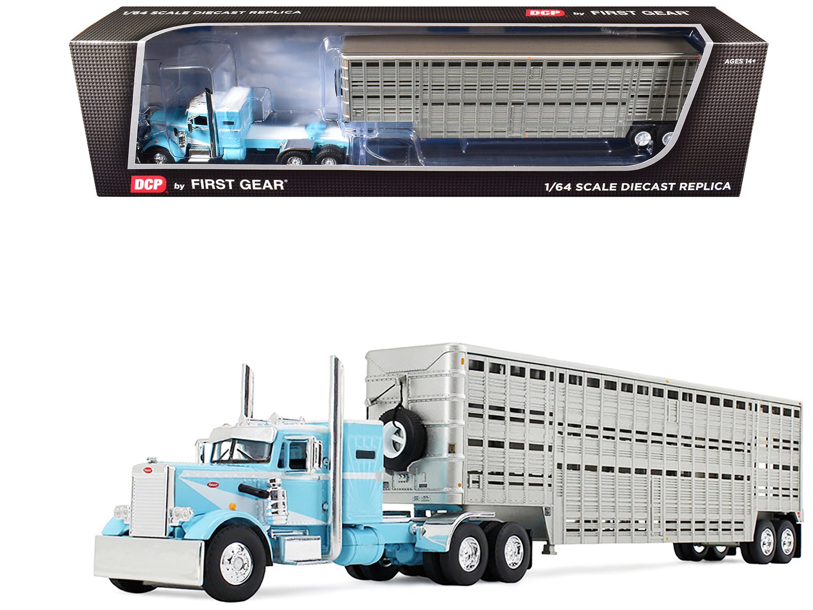 Peterbilt 351 with 36" Vintage Sleeper and 45' Wilson Vintage Livestock Trailer Light Blue with White Stripes 1/64 Diecast Model by DCP/First Gear free shipping USA - Rapid Vehicles