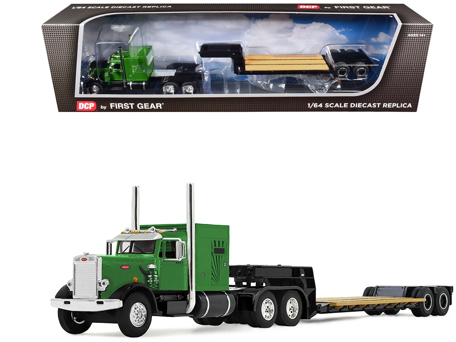Peterbilt 351 with 60" Vintage Sleeper and Rogers Vintage Lowboy Trailer Green with Black Trailer 1/64 Diecast Model by DCP/First Gear free shipping USA - Rapid Vehicles
