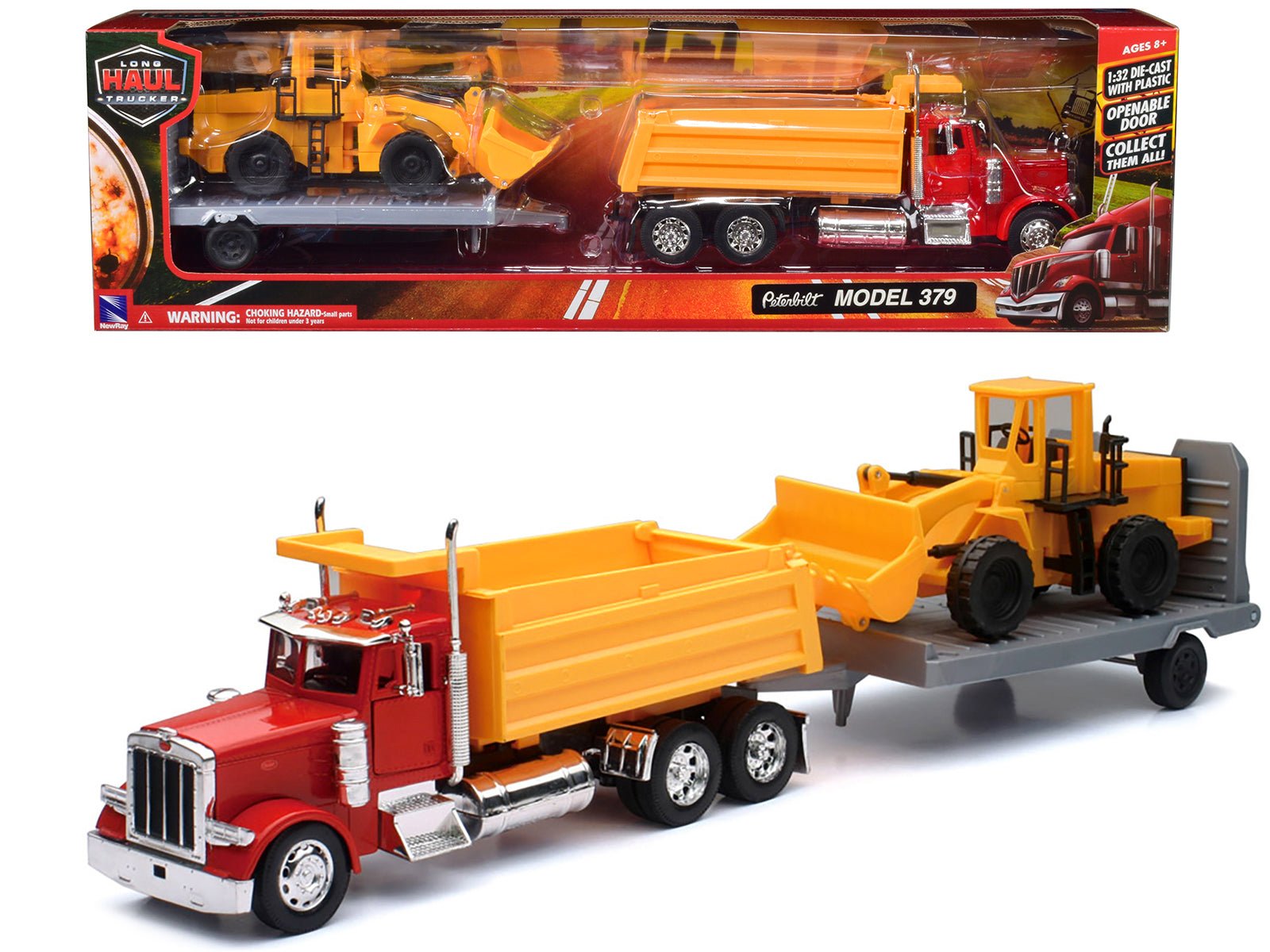 Peterbilt 379 Dump Truck Red and Wheel Loader Yellow with Flatbed Trailer "Long Haul Truckers" Series 1/32 Diecast Model by New Ray free shipping USA - Rapid Vehicles