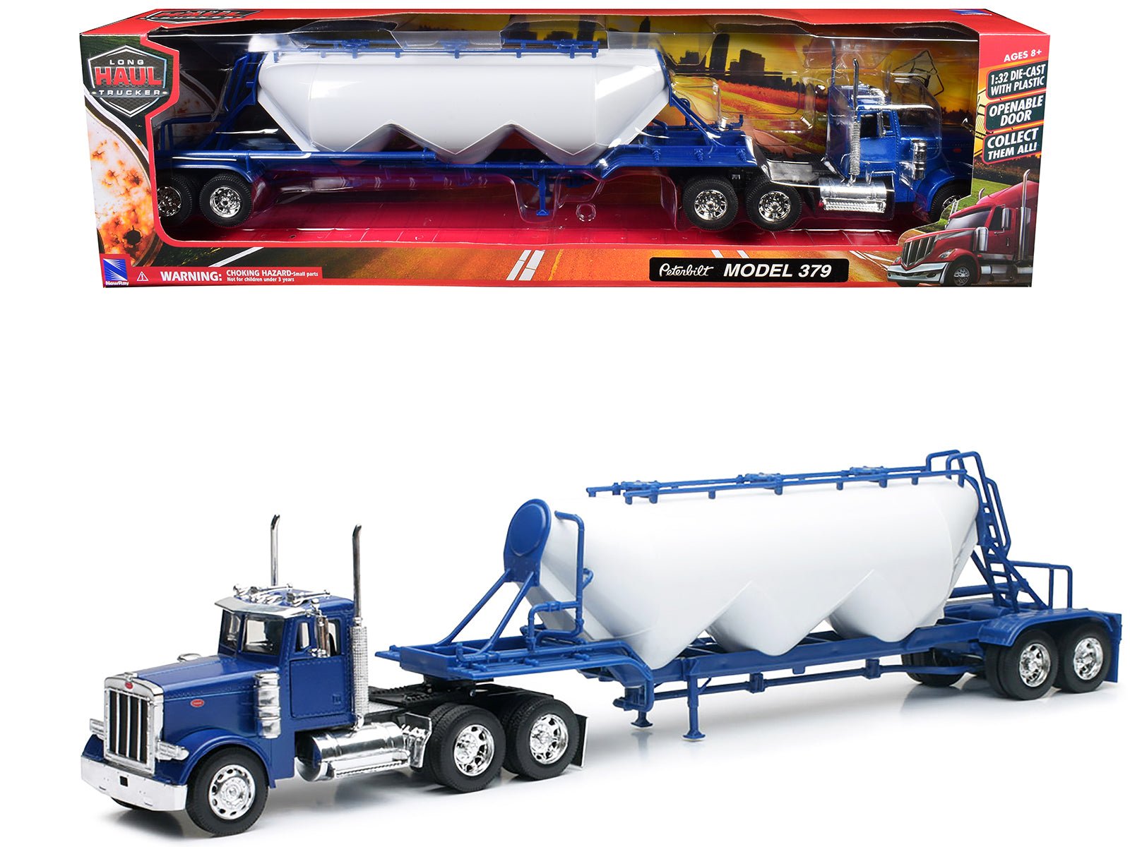 Peterbilt 379 Truck Blue with Pneumatic Tanker Trailer White "Long Haul Truckers" Series 1/32 Diecast Model by New Ray free shipping USA - Rapid Vehicles