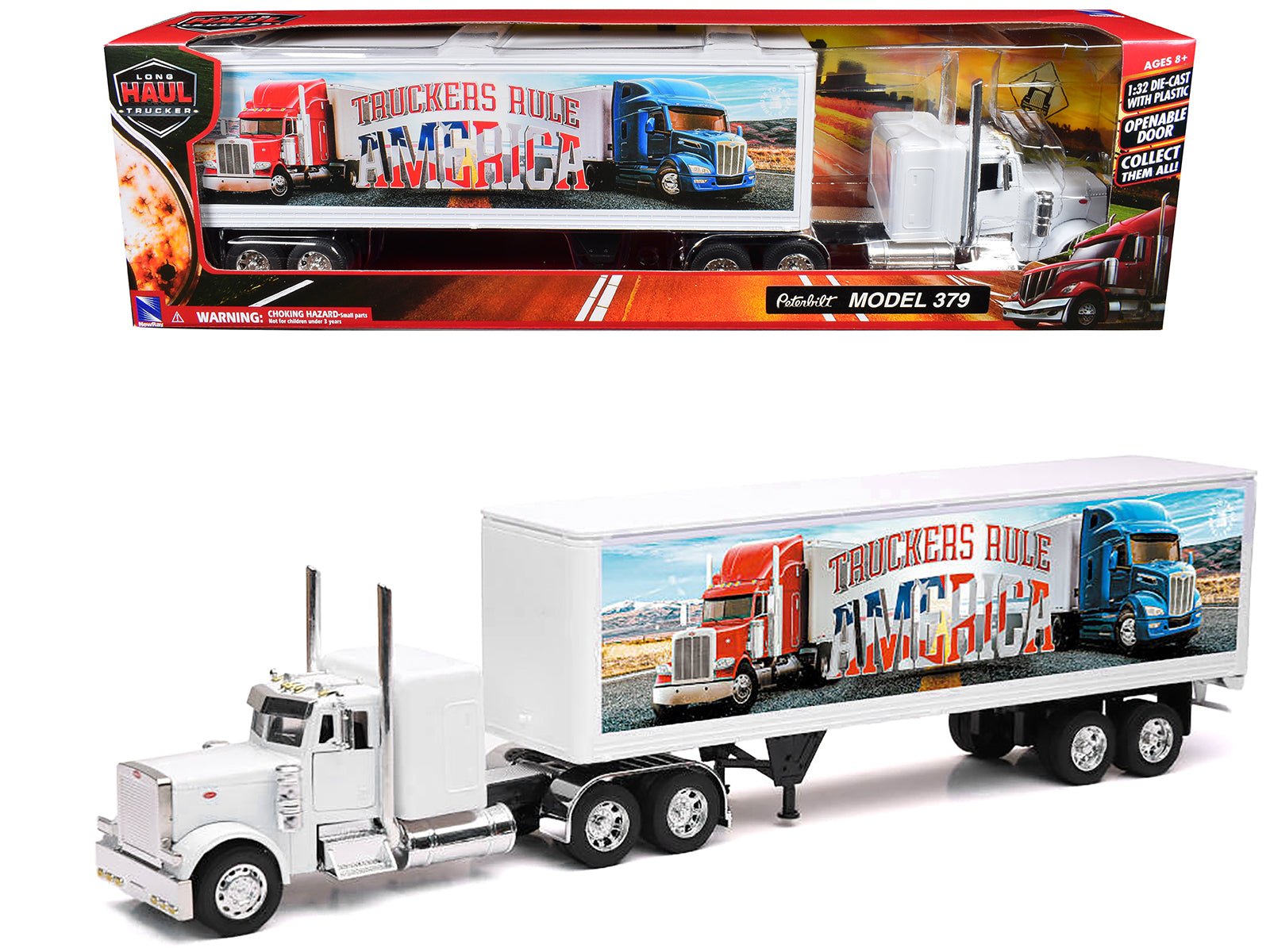 Peterbilt 379 Truck White with Dry Van Trailer "Truckers Rule America" "Long Haul Truckers" Series 1/32 Diecast Model by New Ray free shipping USA - Rapid Vehicles