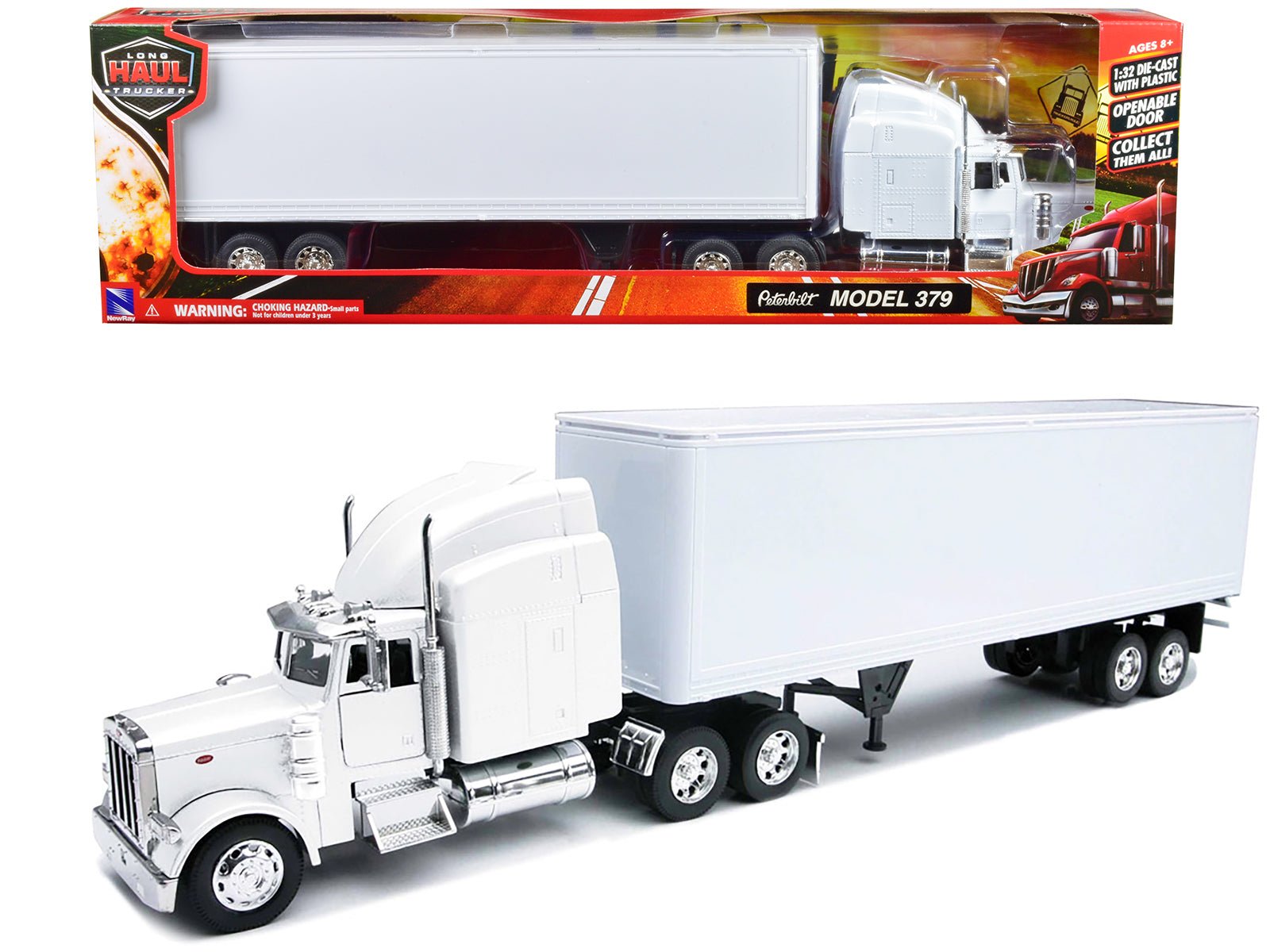 Peterbilt 379 Truck with Dry Goods Trailer White "Long Haul Trucker" Series 1/32 Diecast Model by New Ray free shipping USA - Rapid Vehicles