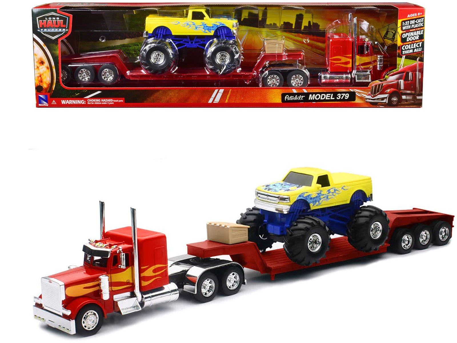 Peterbilt 379 Truck with Lowboy Trailer Red with Orange Flames and Monster Truck Yellow with Blue Flames "Long Haul Truckers" Series 1/32 Diecast Model by New Ray free shipping USA - Rapid Vehicles