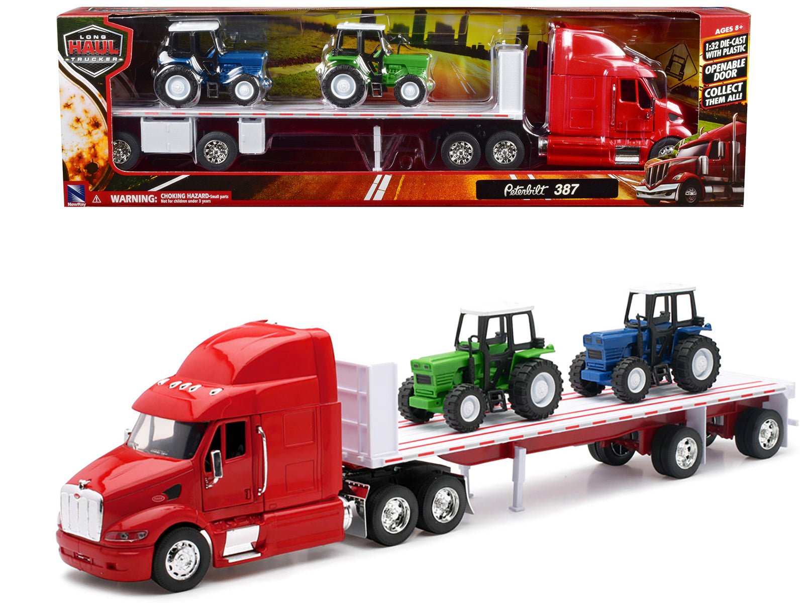 Peterbilt 387 Flatbed Truck Red with 2 Farm Tractors Blue and Green "Long Haul Trucker" Series 1/32 Diecast Model by New Ray free shipping USA - Rapid Vehicles
