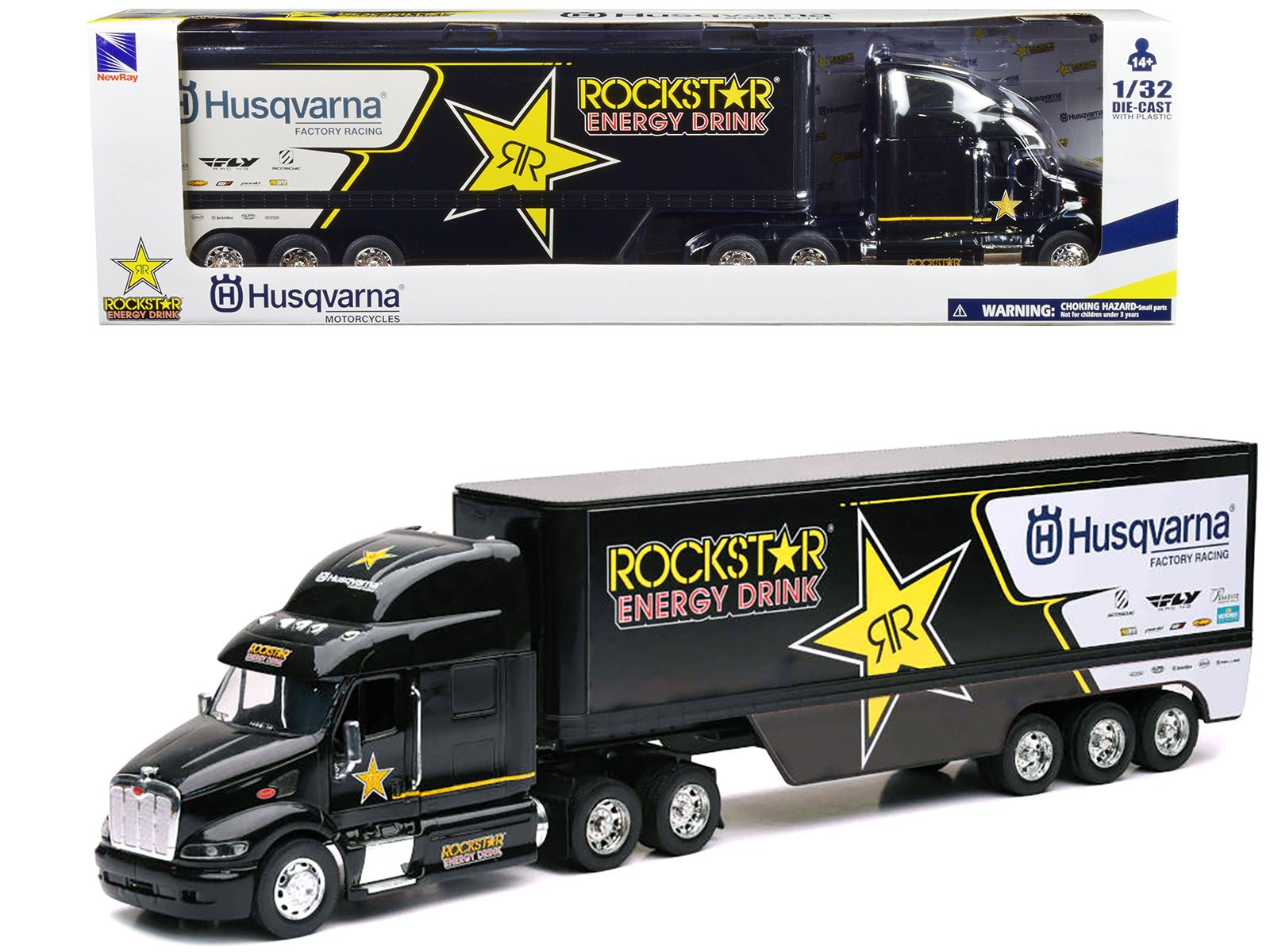 Peterbilt 387 Semi - Truck Black "Rockstar Energy Drink - Husqvarna Factory Racing" 1/32 Diecast Model by New Ray free shipping USA - Rapid Vehicles