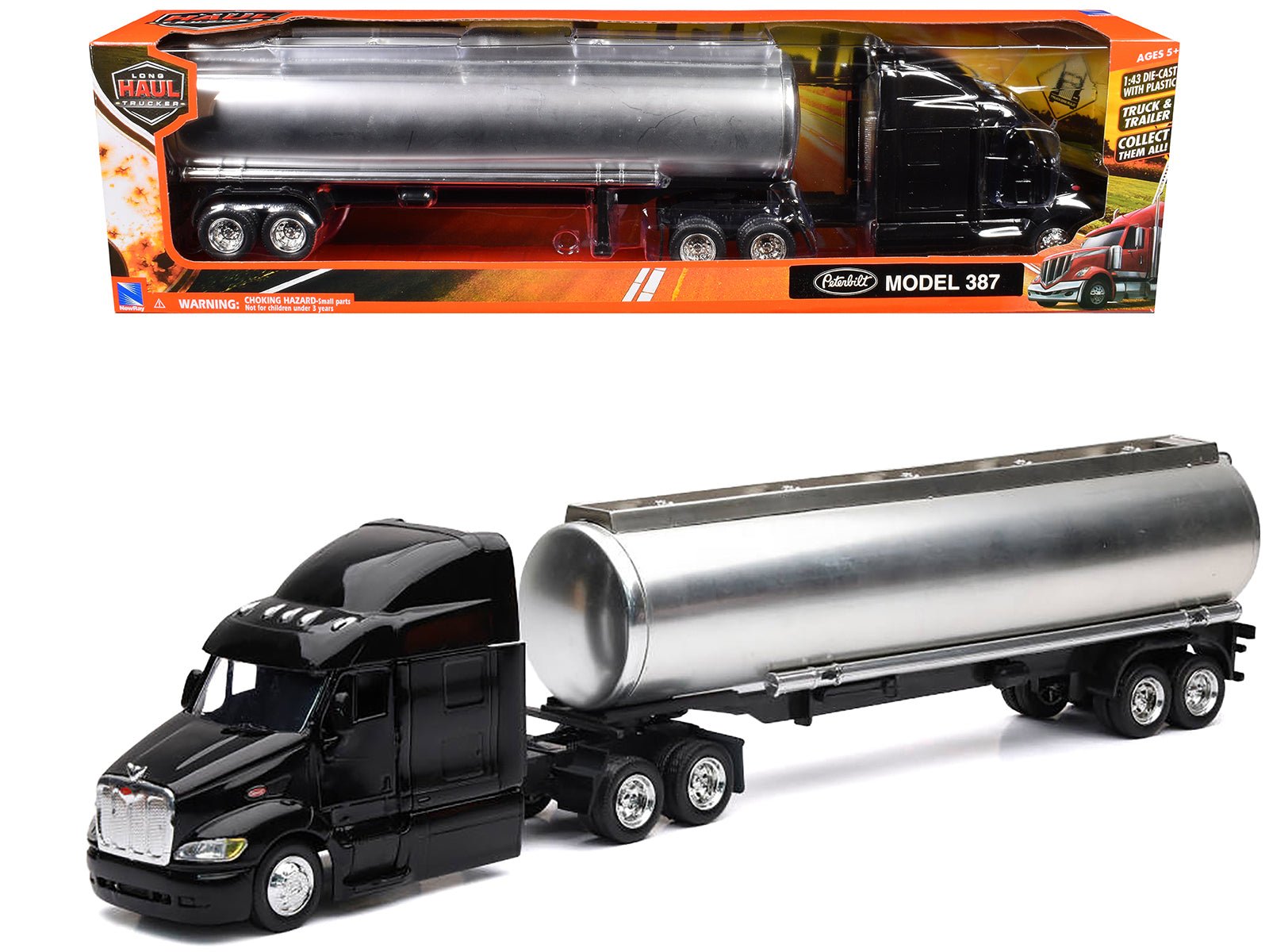 Peterbilt 387 Truck Black with Tanker Trailer Silver "Long Haul Truckers" Series 1/43 Diecast Model by New Ray free shipping USA - Rapid Vehicles