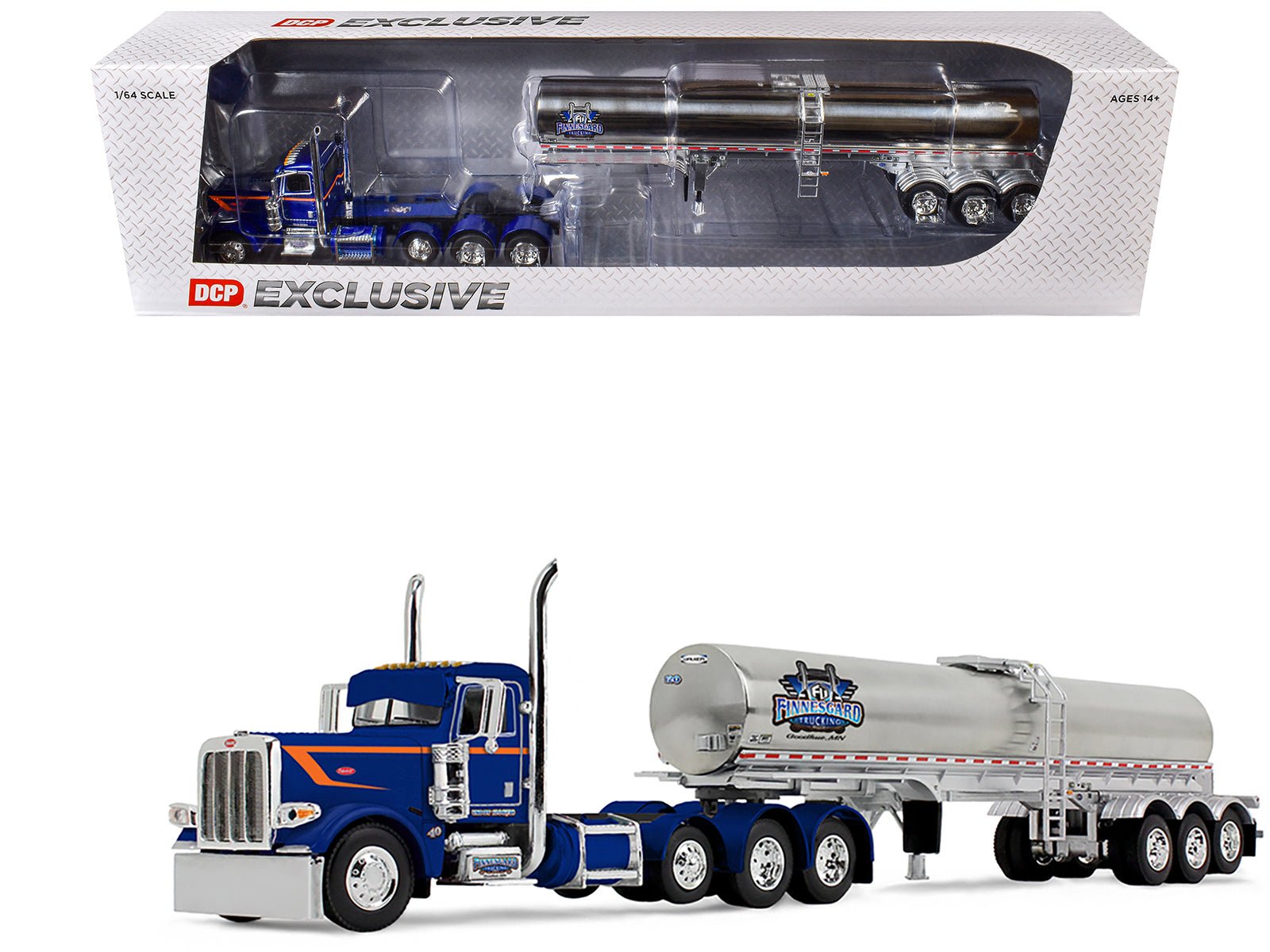 Peterbilt 389 Tri - Axle Day Cab and Walker Food Grade Tank Trailer "Finnesgard Trucking" Blue with Orange Stripes 1/64 Diecast Model by DCP/First Gear free shipping USA - Rapid Vehicles
