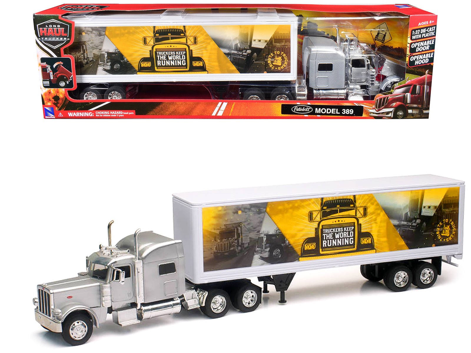 Peterbilt 389 Truck Silver Metallic with Dry Van Trailer "Trucker Keep The World Running" "Long Haul Truckers" Series 1/32 Diecast Model by New Ray free shipping USA - Rapid Vehicles