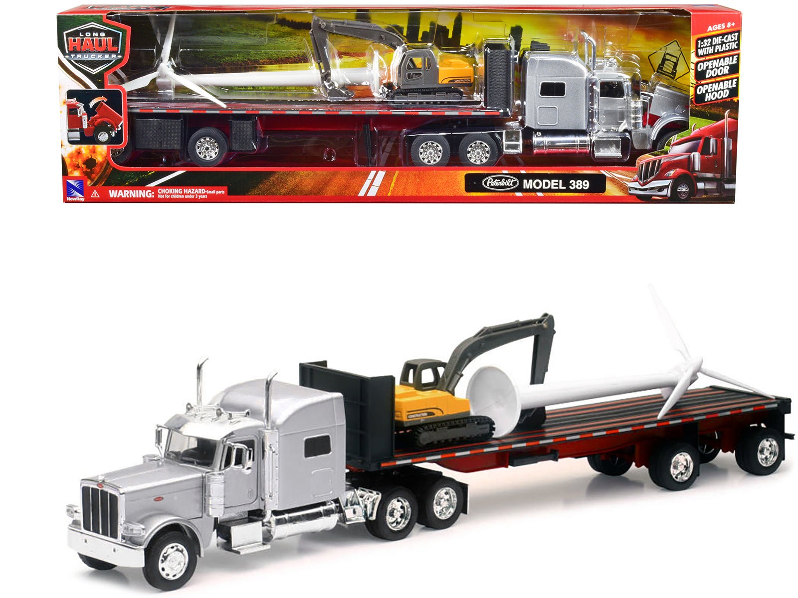 Peterbilt 389 Truck with Flatbed Trailer Silver Metallic with Excavator and Wind Turbine "Long Haul Truckers" Series 1/32 Diecast Model by New Ray free shipping USA - Rapid Vehicles