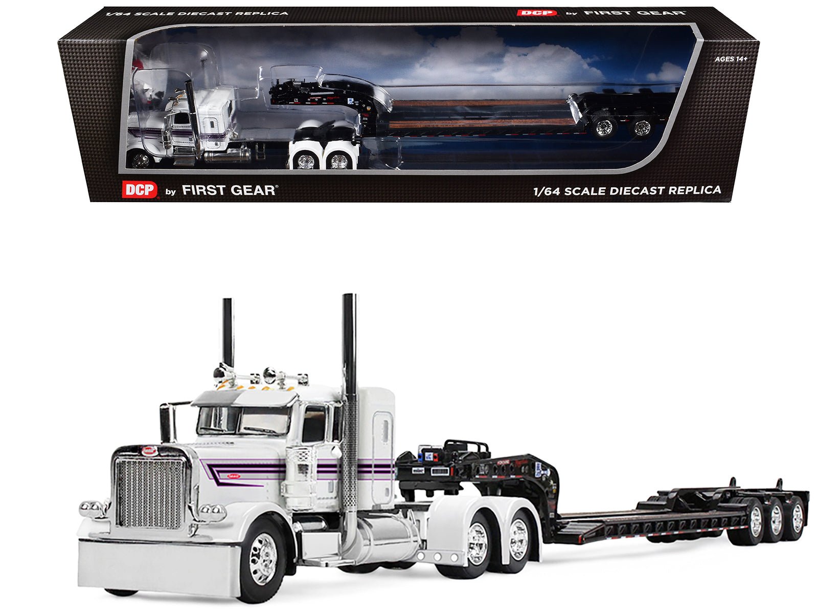 Peterbilt 389 with 36" Flat Top Sleeper and Fontaine Magnitude Lowboy Trailer White with Black Stripes 1/64 Diecast Model by DCP/First Gear free shipping USA - Rapid Vehicles