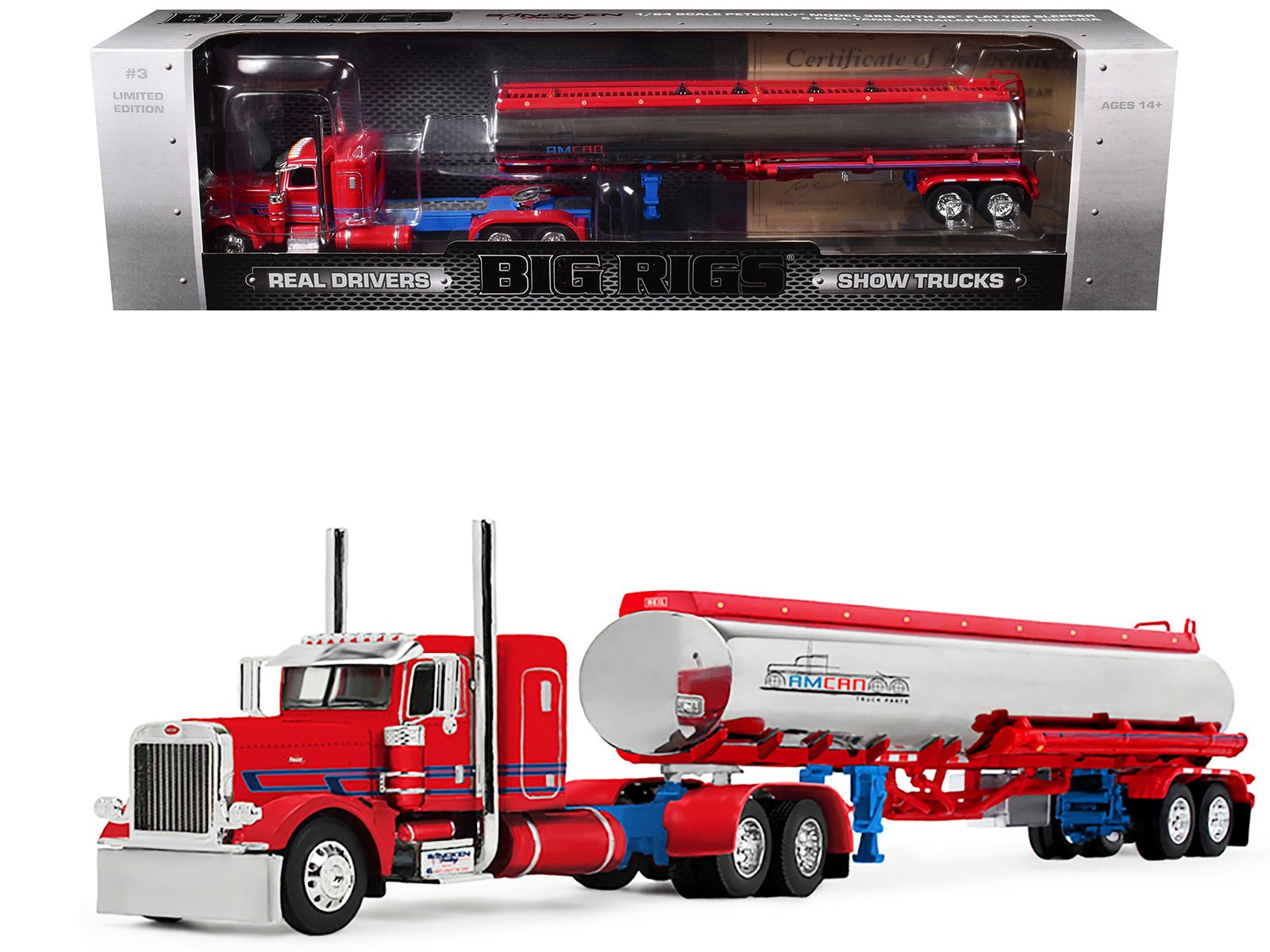 Peterbilt 389 with 36" Flat Top Sleeper and Heil Fuel Tank Trailer "Sancken Custom Truck by Amcan" Red "Big Rigs" Series II 3 1/64 Diecast Model by DCP/First Gear free shipping USA - Rapid Vehicles