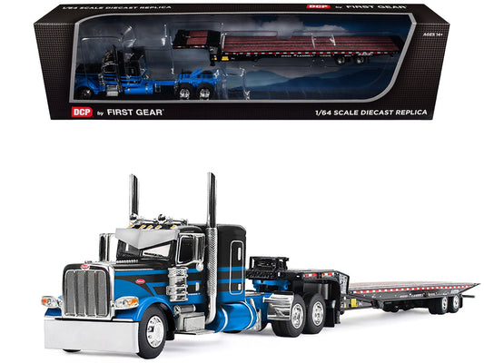 Peterbilt 389 with 48" Flat Top Sleeper and Landoll 440B - 50CA Traveling Axle Trailer Black with Blue Stripes 1/64 Diecast Model by DCP/First Gear free shipping USA - Rapid Vehicles