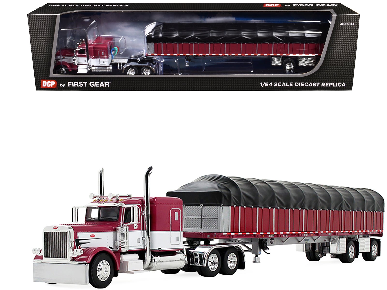 Peterbilt 389 with 63" Flat Top Sleeper and 53’ Wilson Roadbrute Flatbed Trailer with Covered Wagon Maroon with White Stripes 1/64 Diecast Model by DCP/First Gear free shipping USA - Rapid Vehicles