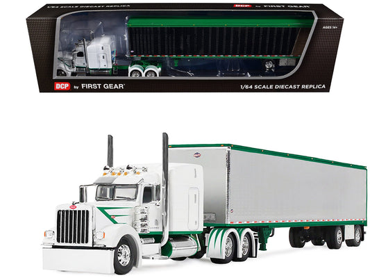 Peterbilt 389 with 63" Mid - Roof Sleeper and 53' Utility Trailer White with Green Stripes 1/64 Diecast Model by DCP/First Gear free shipping USA - Rapid Vehicles
