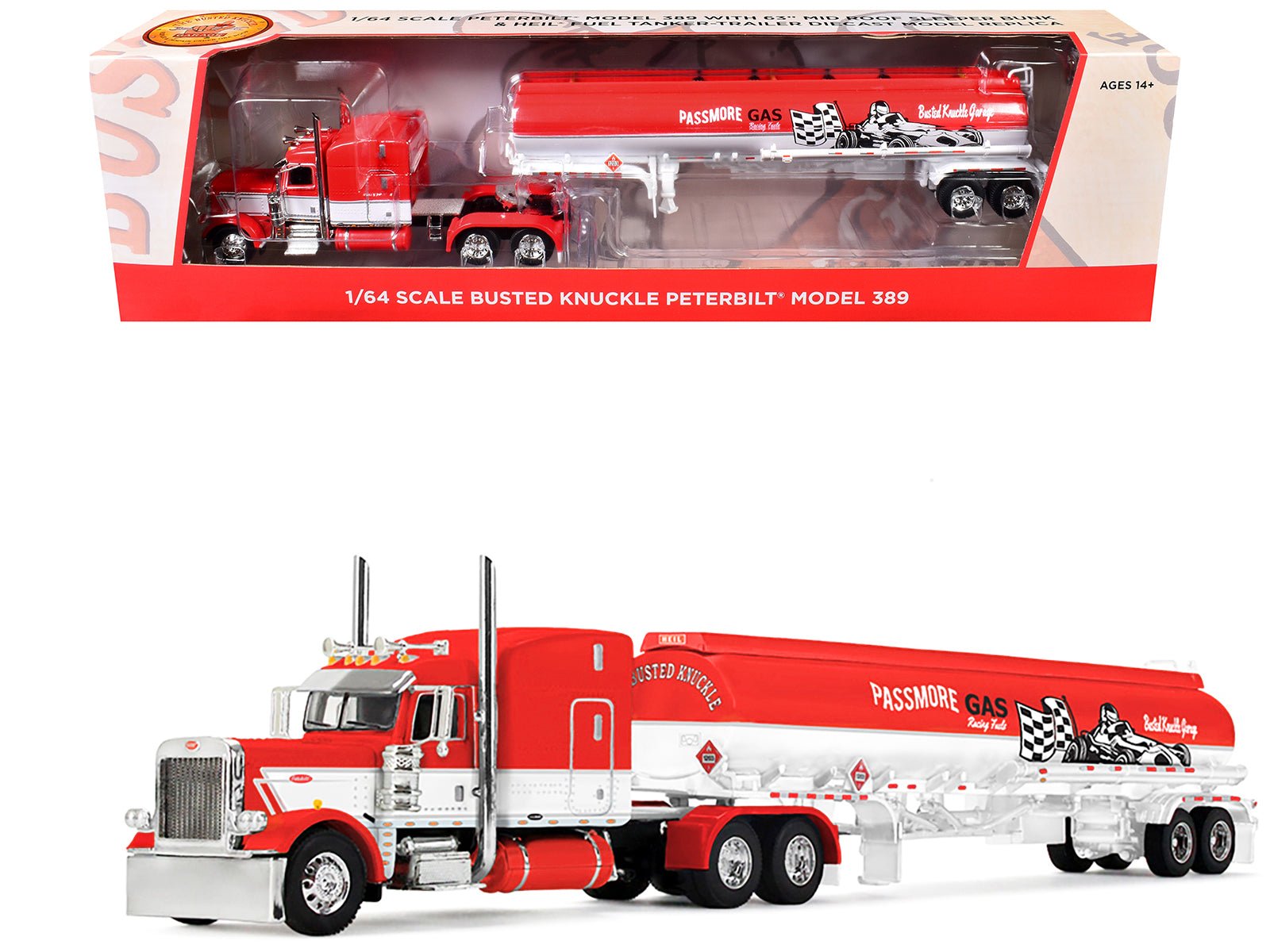 Peterbilt 389 with 63" Mid-Roof Sleeper and Heil Fuel Tank Trailer "Busted Knuckle Garage" Red and White 1/64 Diecast Model by DCP/First Gear free shipping USA - Rapid Vehicles