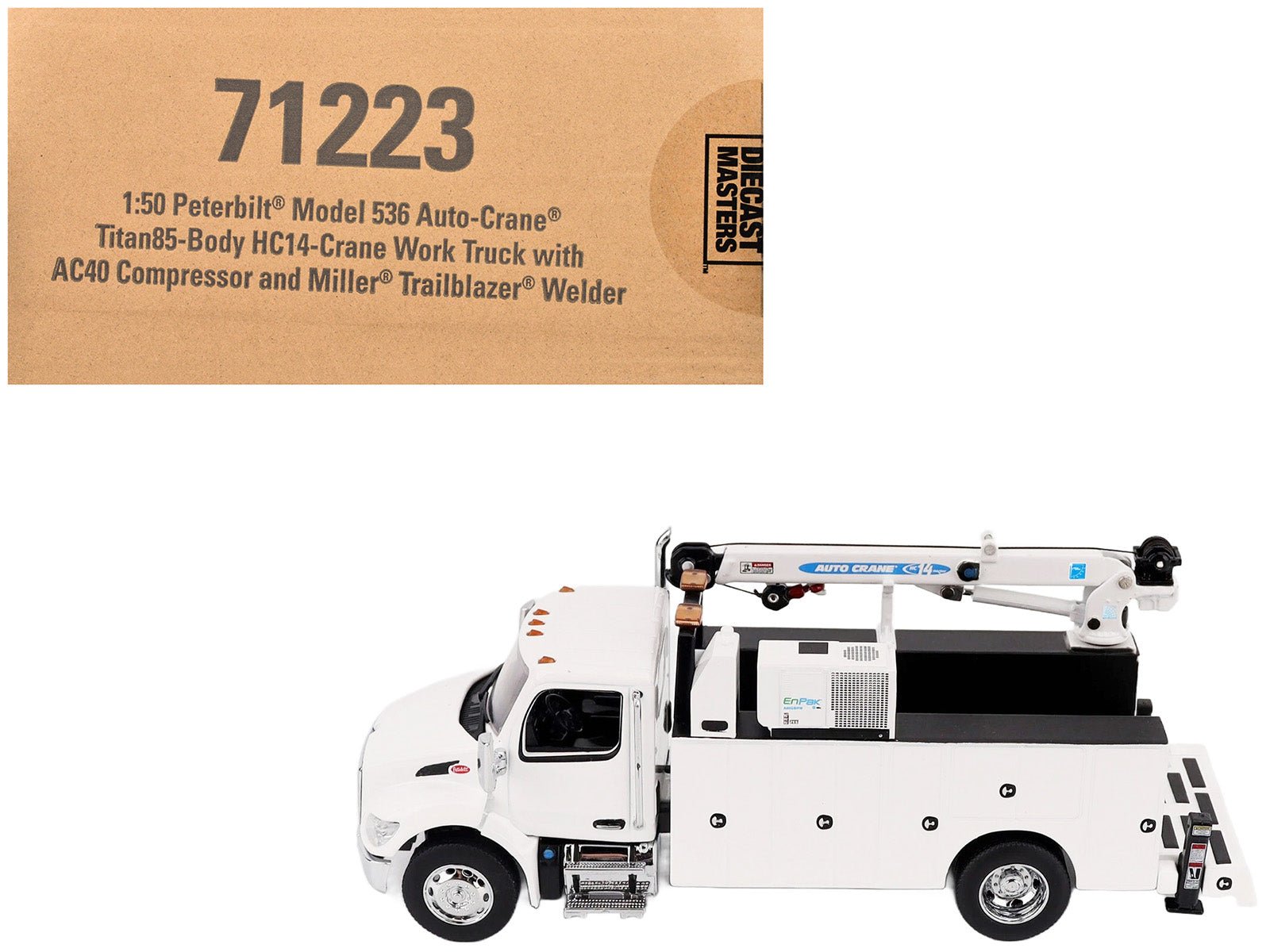 Peterbilt 536 Auto - Crane Titan 85 - Body HC14 - Crane Work Truck with Miller EnPak White "Transport Series" 1/50 Diecast Model by Diecast Masters free shipping USA - Rapid Vehicles