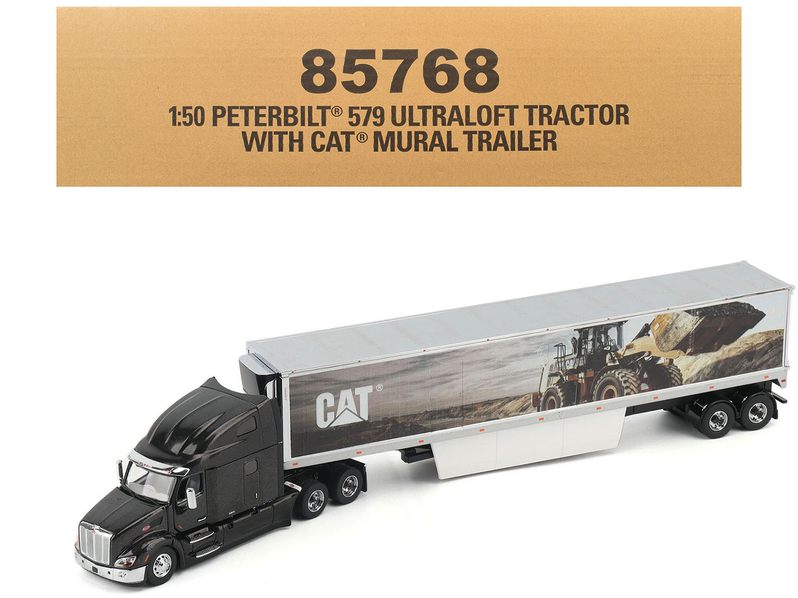 Peterbilt 579 UltraLoft Truck Tractor Black Metallic with "CAT Caterpillar" Mural Trailer "Transport Series" 1/50 Diecast Model by Diecast Masters free shipping USA - Rapid Vehicles