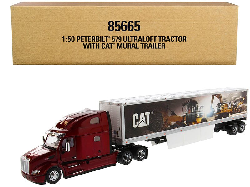 Peterbilt 579 UltraLoft Truck Tractor Red with "CAT Caterpillar" Mural Dry Van Trailer "Transport Series" 1/50 Diecast Model by Diecast Masters free shipping USA - Rapid Vehicles