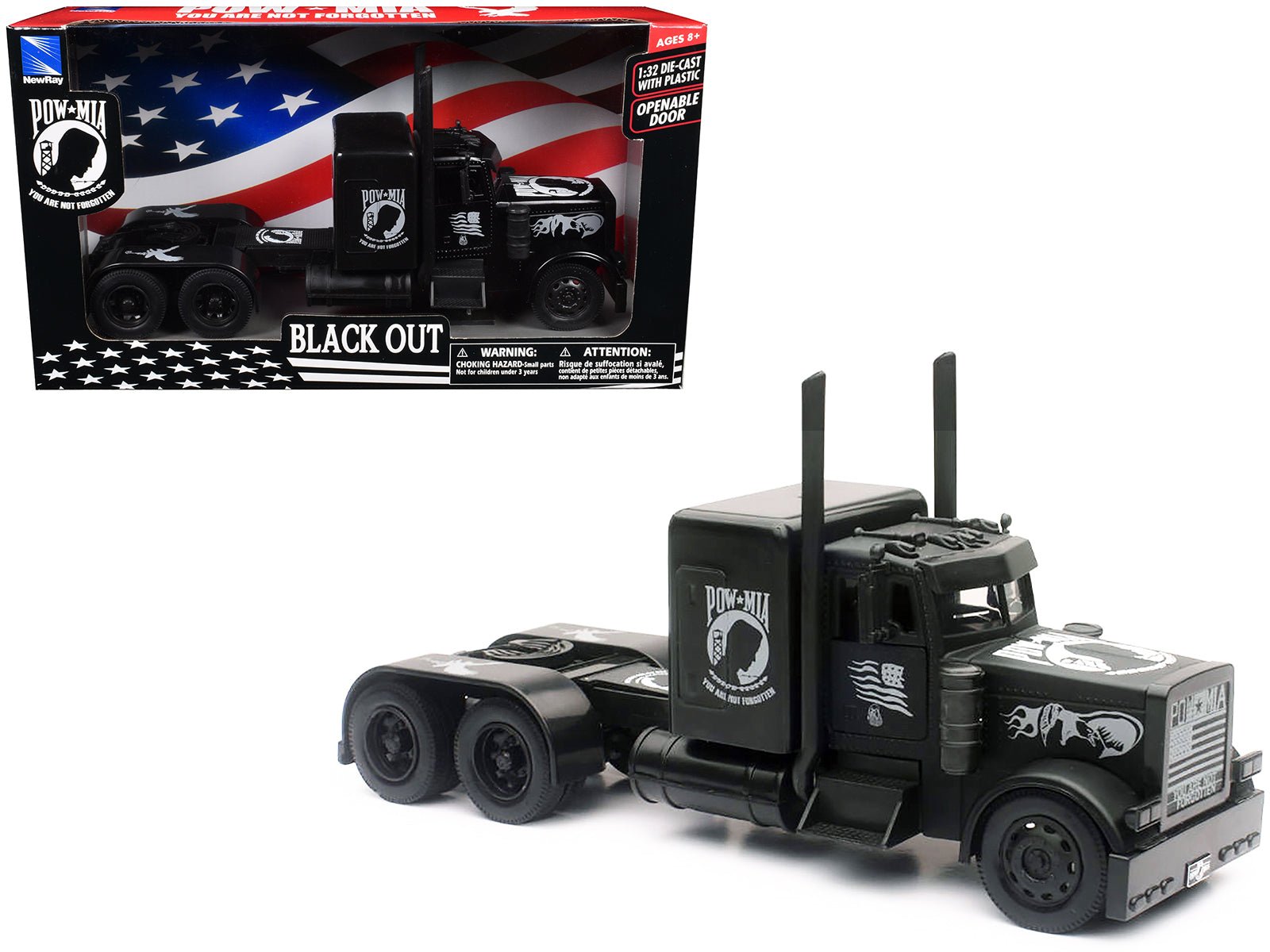 Peterbilt Custom Truck Black Out "POW - MIA You Are Not Forgotten" 1/32 Diecast Model by New Ray free shipping USA - Rapid Vehicles