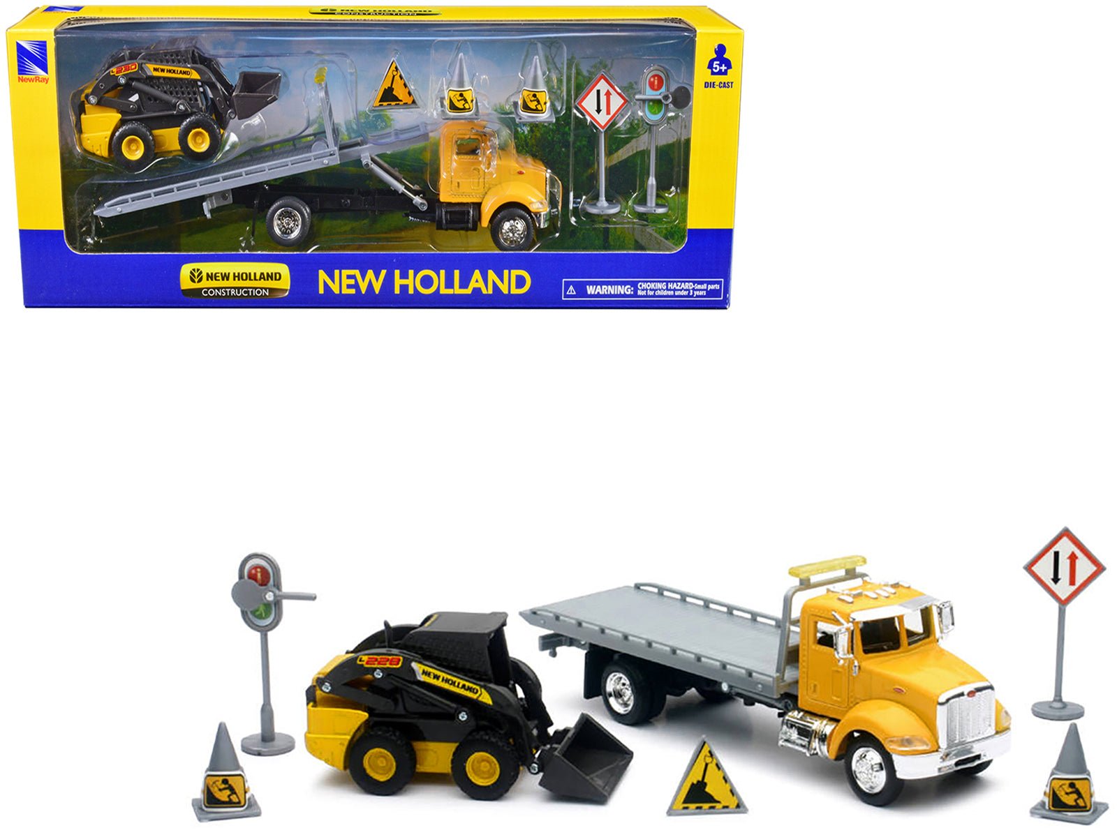 Peterbilt Roll - Off Flatbed Truck Yellow and New Holland L228 Skid Steer Yellow with Road Signs "New Holland Construction" Series 1/43 Diecast Model by New Ray free shipping USA - Rapid Vehicles