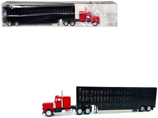 Peterbilt with Sleeper Cab Red with Black Livestock Trailer 1/87 (HO) Plastic Model Car by Promotex free shipping USA - Rapid Vehicles