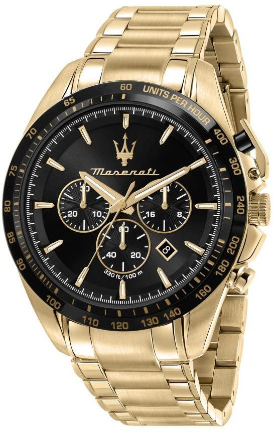 Maserati Traguardo Chronograph Gold Tone Stainless Steel Black Dial Quartz R8873612041 100M Men's Watch - Premium  from Rapidvehicles - Just $420.99! Shop now at Rapidvehicles