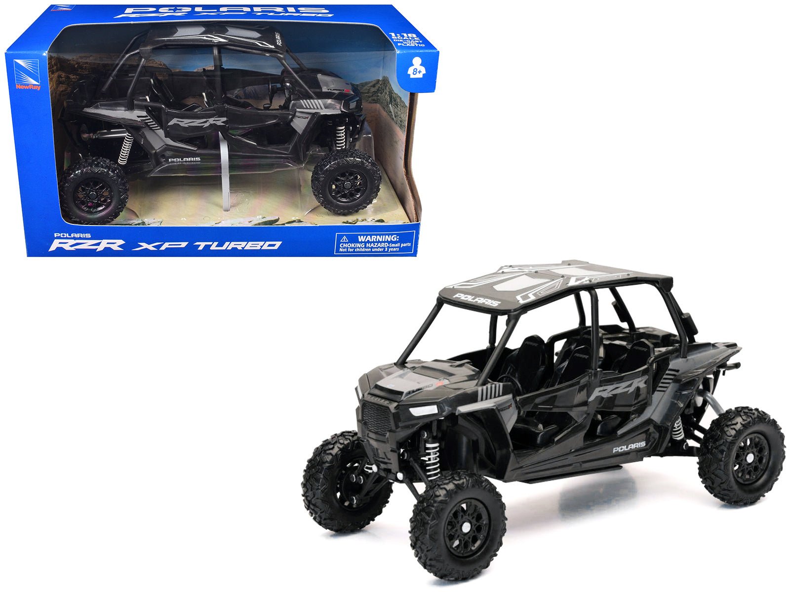 Polaris RZR XP 4 Turbo EPS Sport UTV Onyx Black with Gray Graphics 1/18 Diecast Model by New Ray free shipping USA - Rapid Vehicles