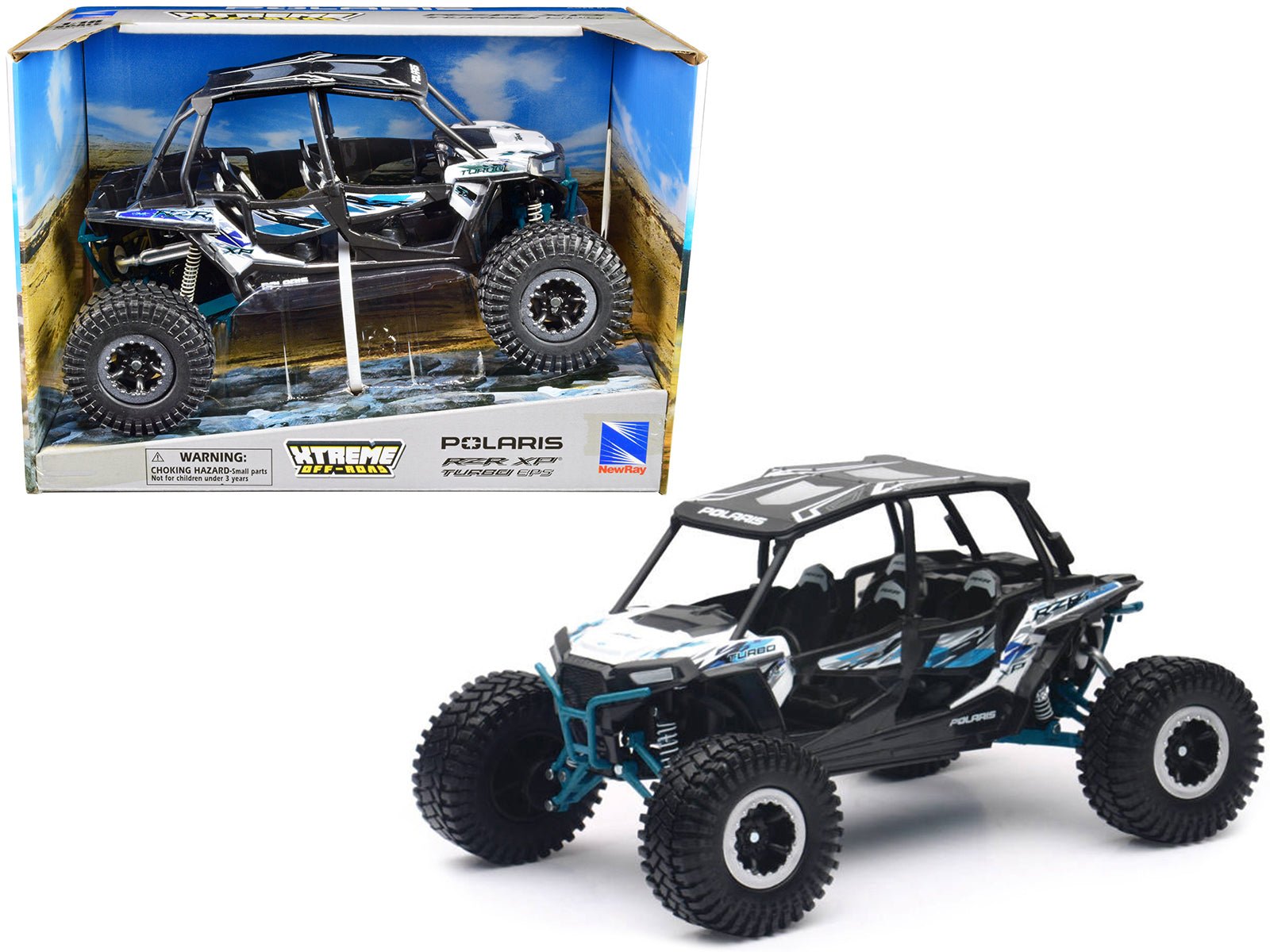 Polaris RZR XP 4 Turbo EPS Sport UTV White with Graphics and Black Top "Xtreme Off - Road" Series 1/18 Diecast Model by New Ray free shipping USA - Rapid Vehicles