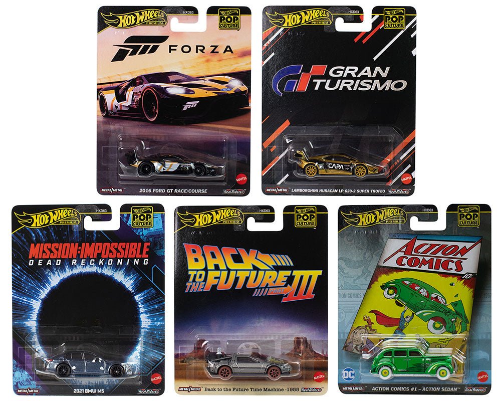 "Pop Culture 2025" 5 piece Set L "Premium Series" Diecast Model Cars by Hot Wheels free shipping USA - Rapid Vehicles