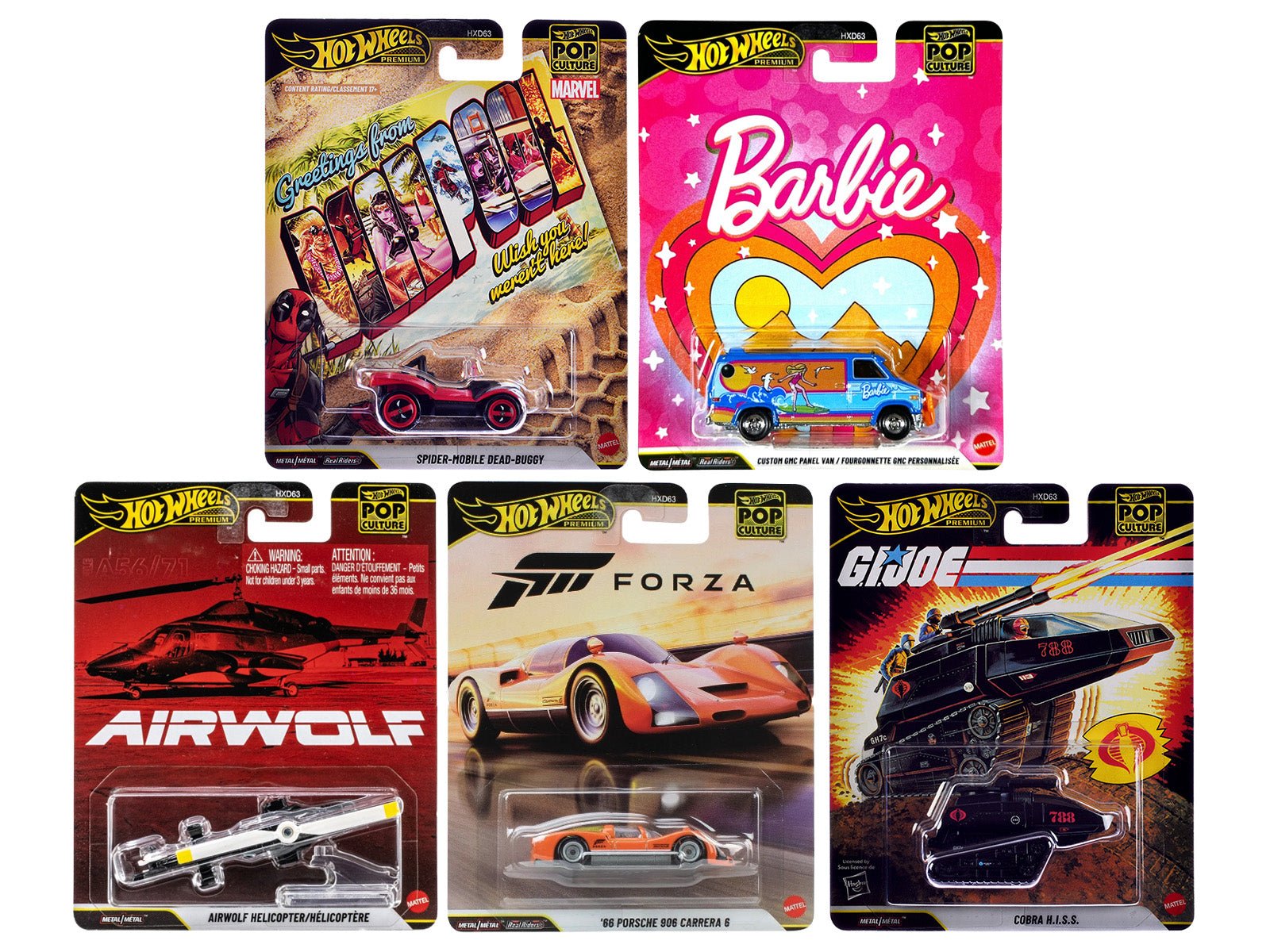 "Pop Culture 2025" 5 piece Set Q "Premium Series" Diecast Model Cars by Hot Wheels free shipping USA - Rapid Vehicles