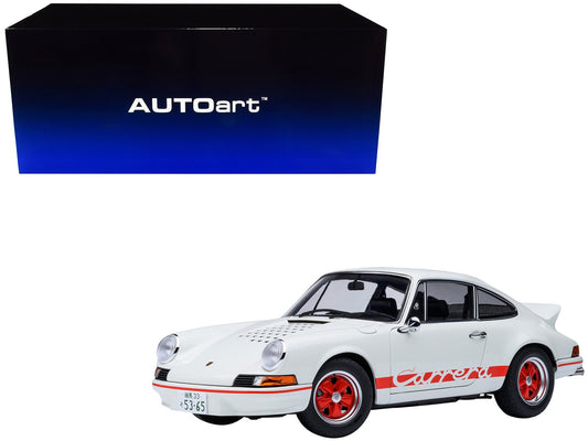 Porsche 911 Carrera 2.7 RS "The Circuit Wolf" White with Red Stripes and Wheels with Hood Graphics 1/18 Model Car by Autoart free shipping USA - Rapid Vehicles