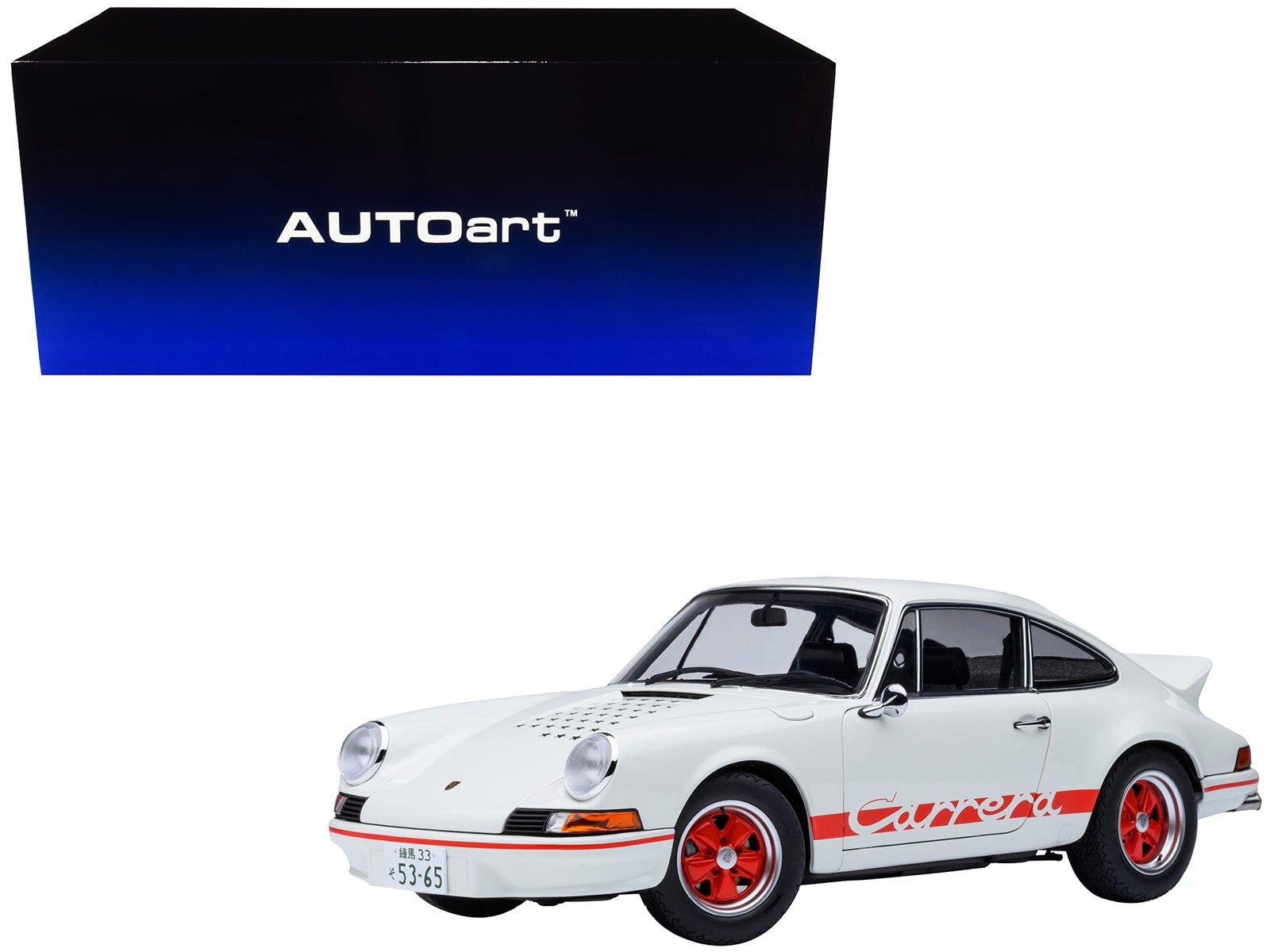 Porsche 911 Carrera 2.7 RS "The Circuit Wolf" White with Red Stripes and Wheels with Hood Graphics 1/18 Model Car by Autoart free shipping USA - Rapid Vehicles