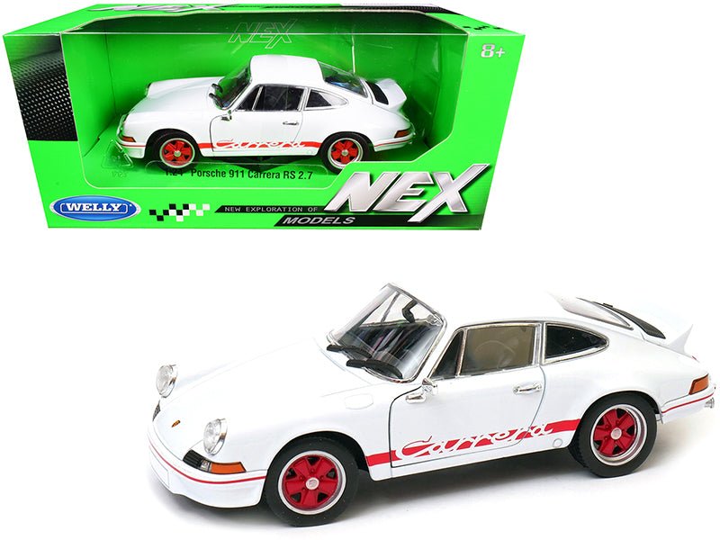 Porsche 911 Carrera RS 2.7 White with Red Stripes "NEX Models" 1/24 Diecast Model Car by Welly free shipping USA - Rapid Vehicles