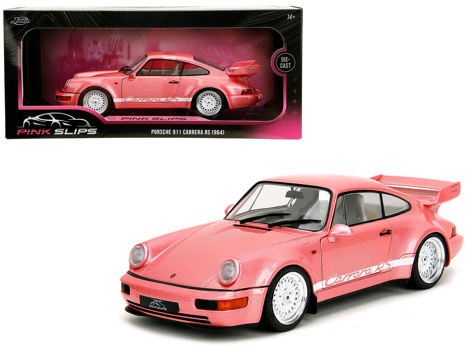 Porsche 911 Carrera RS (964) Pink Metallic with White Stripes "Pink Slips" Series 1/18 Diecast Model Car by Jada free shipping USA - Rapid Vehicles