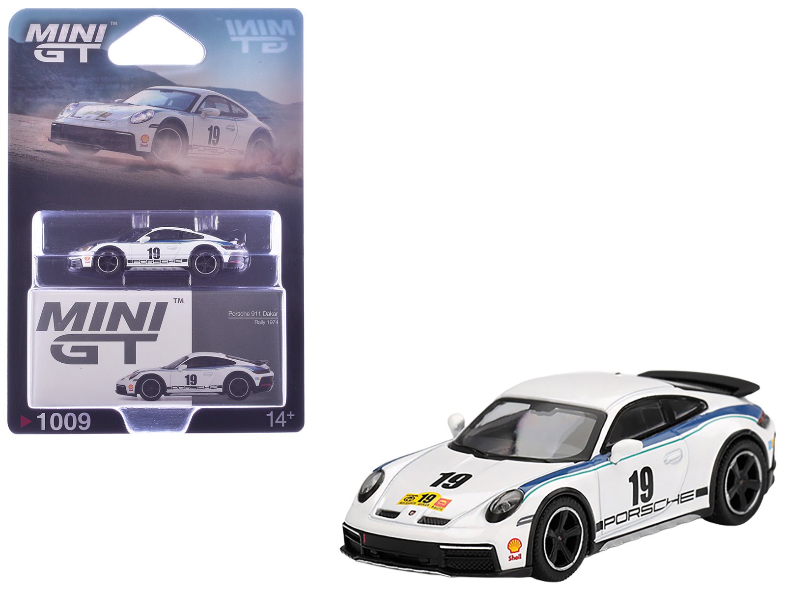 Porsche 911 Dakar 19 "Rally 1974" Tribute Livery White with Blue Stripes Limited Edition 1/64 Diecast Model Car by Mini GT free shipping USA - Rapid Vehicles