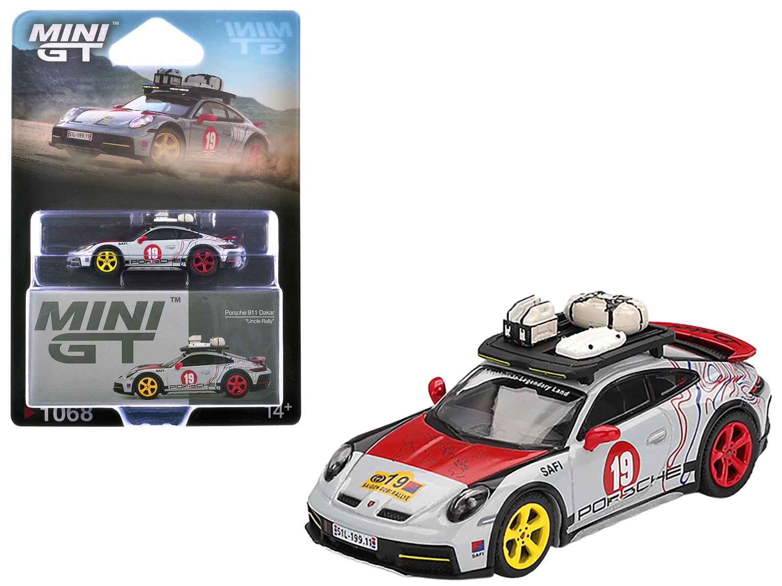 Porsche 911 Dakar 19 "Uncle Rally" Gray with Graphics and Roof Rack Limited Edition 1/64 Diecast Model Car by Mini GT free shipping USA - Rapid Vehicles