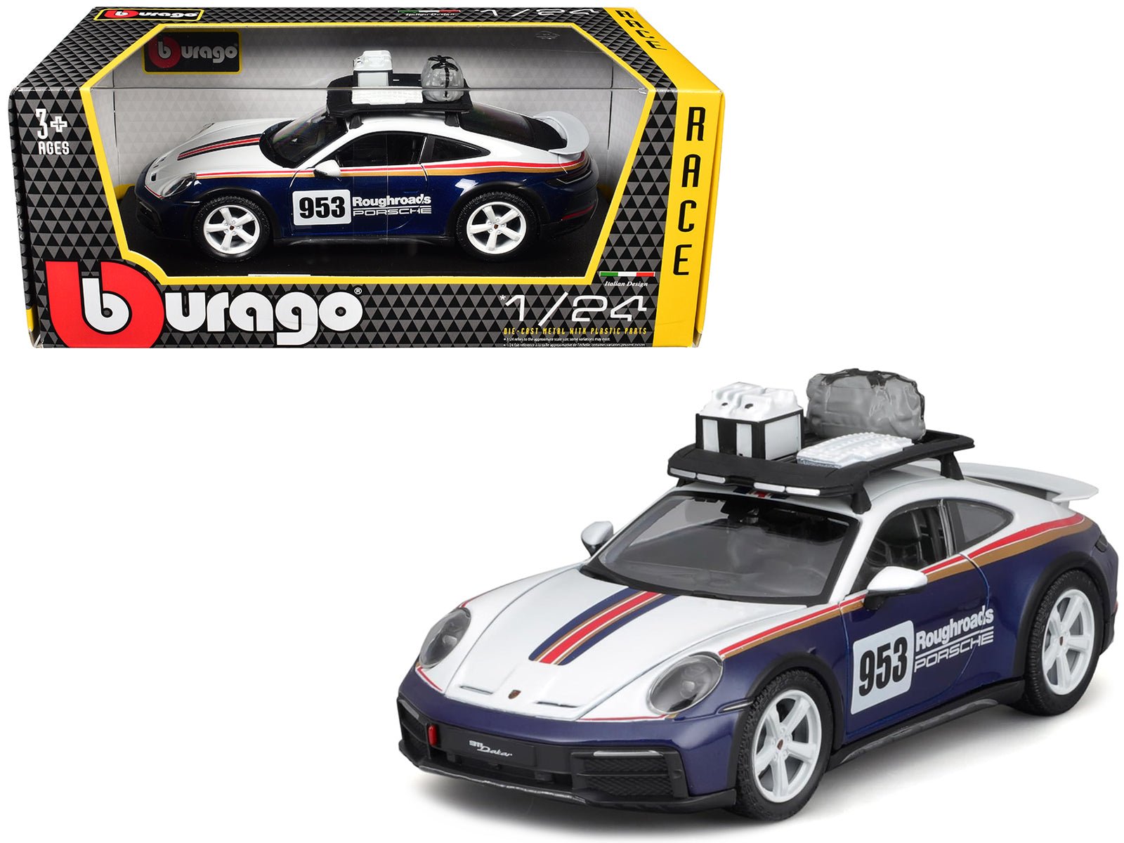 Porsche 911 Dakar 953 "Roughroads Porsche" Blue and White with Stripes and Roof Rack "Race" Series 1/24 Diecast Model Car by Bburago free shipping USA - Rapid Vehicles