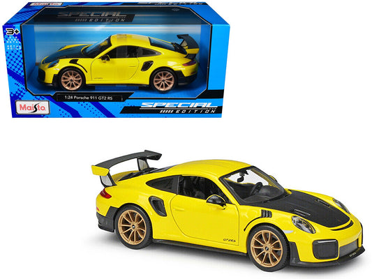 Porsche 911 GT2 RS Yellow with Carbon Hood and Gold Wheels "Special Edition" 1/24 Diecast Model Car by Maisto free shipping USA - Rapid Vehicles