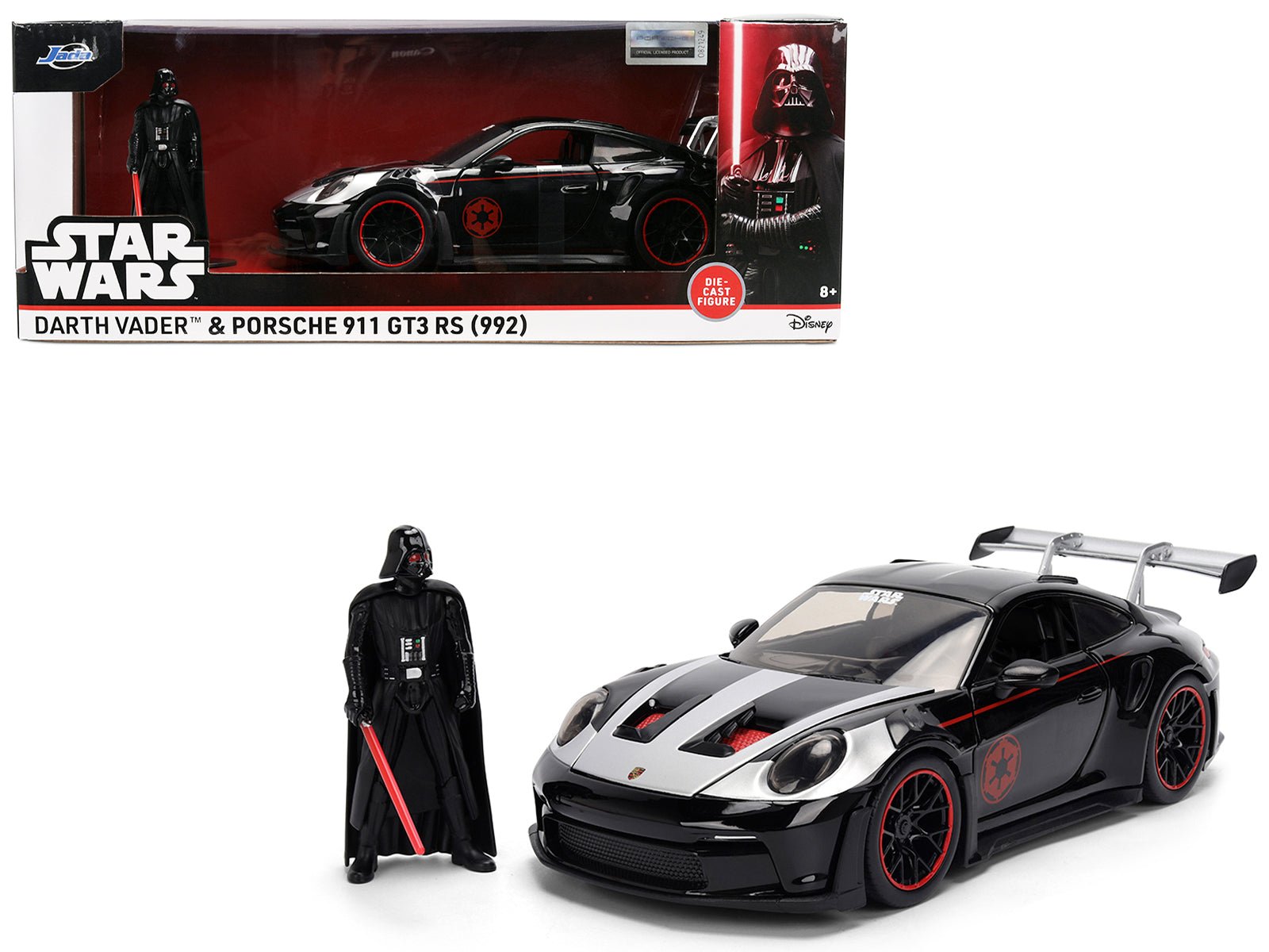 Porsche 911 GT3 RS (992) Black with Silver Hood and Graphics and Darth Vader Figure "Star Wars" Franchise "Hollywood Rides" Series 1/24 Diecast Model Car by Jada free shipping USA - Rapid Vehicles