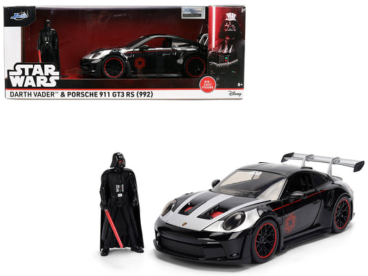 Porsche 911 GT3 RS (992) Black with Silver Hood and Graphics and Darth Vader Figure "Star Wars" Franchise "Hollywood Rides" Series 1/24 Diecast Model Car by Jada free shipping USA - Rapid Vehicles