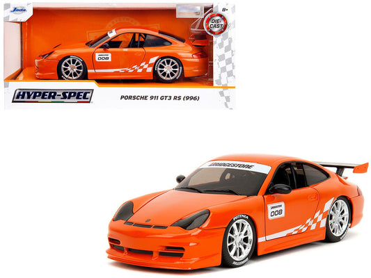 Porsche 911 GT3 RS (996) 008 "Bridgestone" Orange Metallic with White Graphics "Hyper - Spec" Series 1/24 Diecast Model Car by Jada free shipping USA - Rapid Vehicles