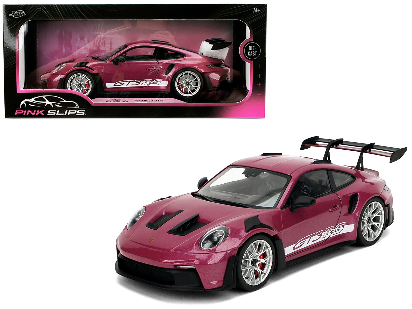 Porsche 911 GT3 RS Red Violet Metallic with White Stripes "Pink Slips" Series 1/18 Diecast Model Car by Jada free shipping USA - Rapid Vehicles
